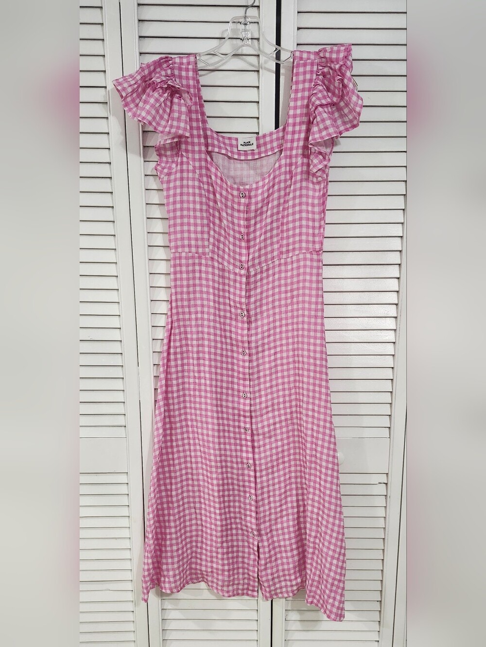 Pink Gingham Midi Dress with Ruffle Sleeves